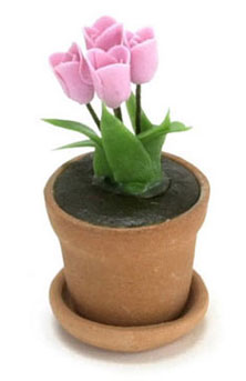 Dollhouse Miniature Tulip In Clay Pot, Pink